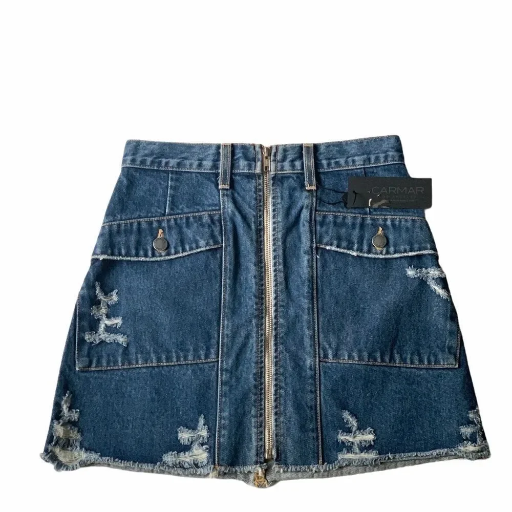 Carmar Lincoln Zip Front Blue Denim Cargo Skirt
